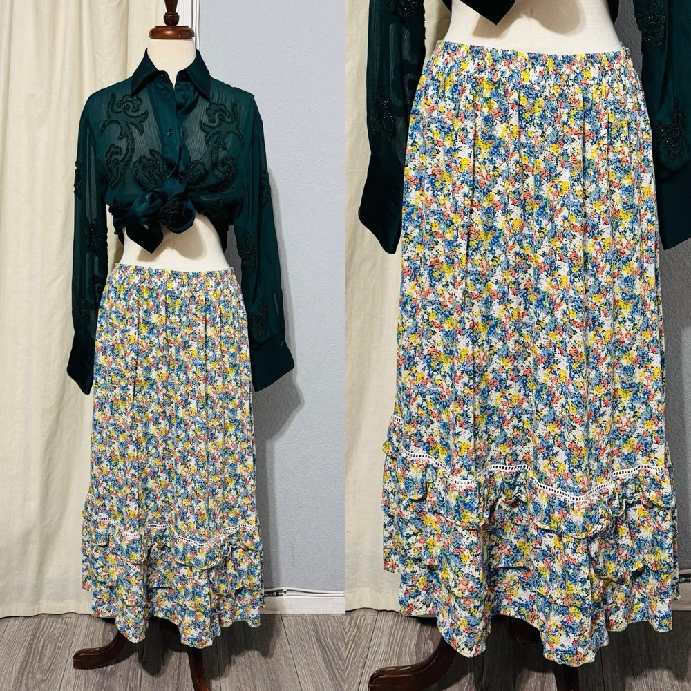 Cynthia Rowley Vintage Floral Cottagecore Bohemian Layered High Waist Skirt M